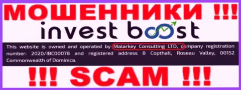 На официальном сайте Инвест Буст Ко написано, что этой организацией владеет Malarkey Consulting LTD