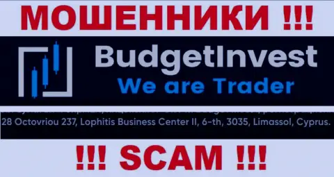 Не взаимодействуйте с компанией BudgetInvest Org - указанные аферисты скрылись в офшоре по адресу - 8 Octovriou 237, Lophitis Business Center II, 6-th, 3035, Limassol, Cyprus