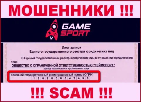 Номер регистрации организации, которая владеет GameSport - 1207800042450