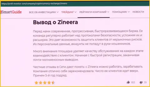 Заключение в статье об условиях для спекулирования дилера Zinnera, опубликованной на веб-портале profi-investor com