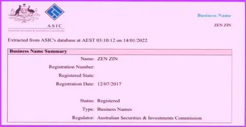 Компания Зиннейра зарегистрирована в Австралии