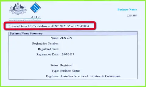 Документ, подтверждающий наличие регистрации у биржевой организации Zinnera Com