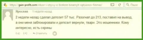Валютный игрок Ярослав оставил разгромный отзыв об forex брокере FiN MAX Bo после того как кидалы заблокировали счет на сумму 213 000 российских рублей
