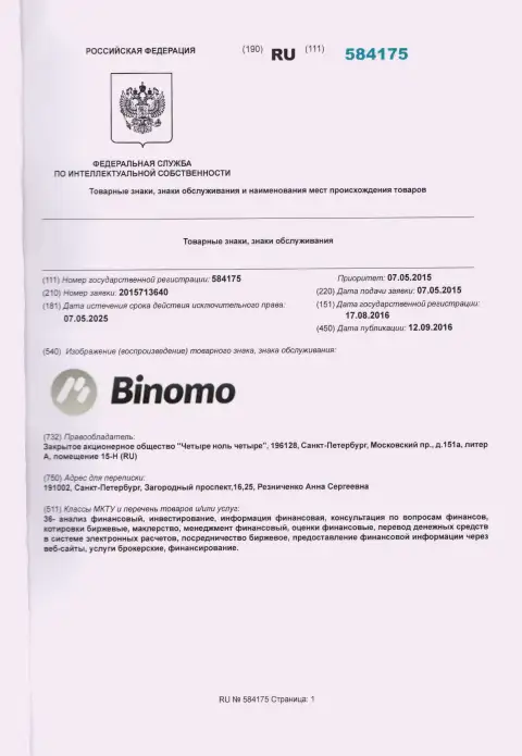Описание фирменного знака Биномо в РФ и его правообладатель