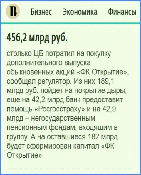 Как написано в ежедневном издании Ведомости, около пол триллиона рублей потрачено на спасение от разорения финансовой компании Открытие